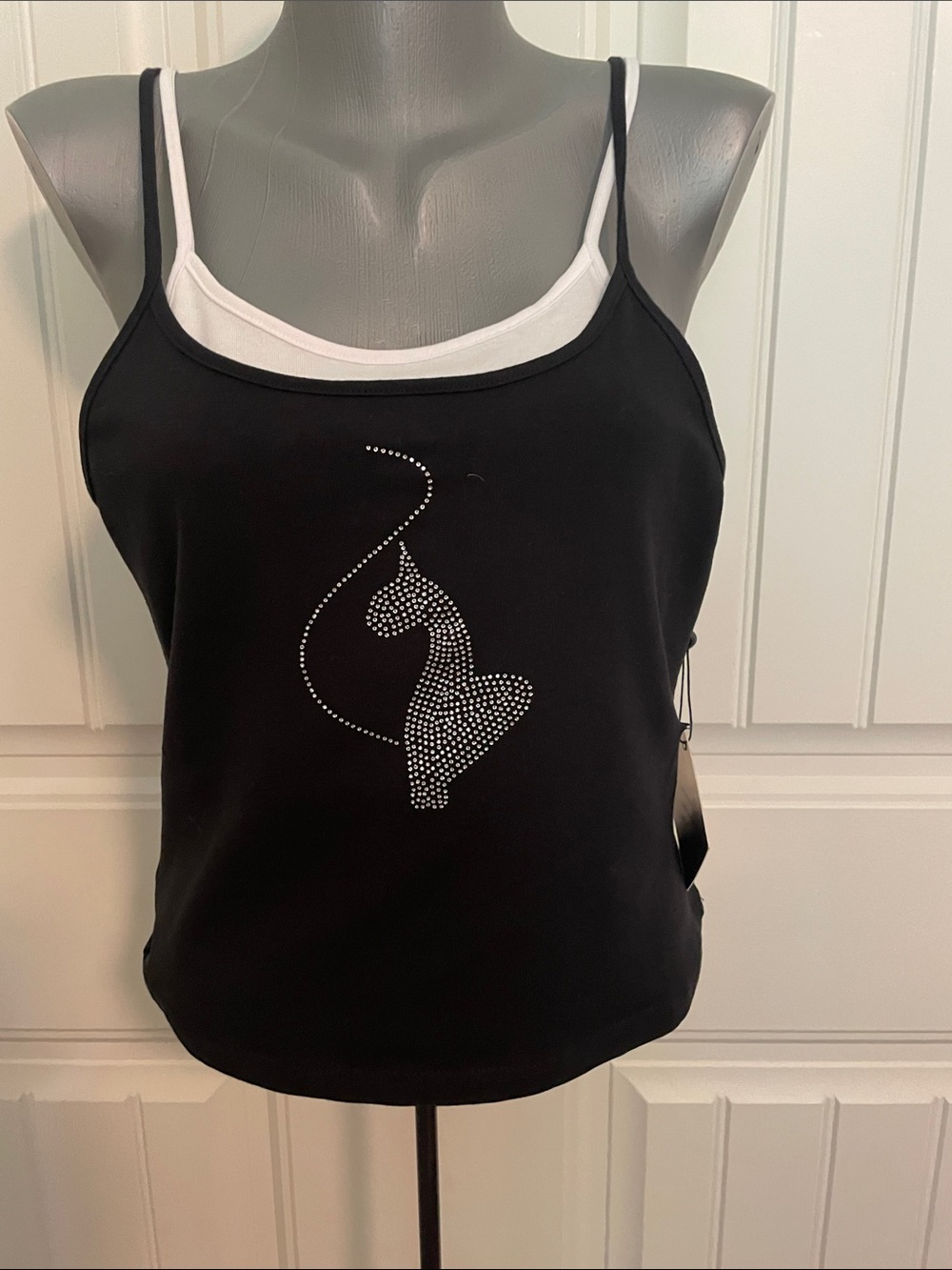 Baby Phat Black Cami with White Inner Layer and Rhinestone Cat-Heart
